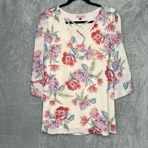 East Adeline 1X Shirt Top Cream Red Floral Flower Sheer 3/4 Sleeve Cross V Neck